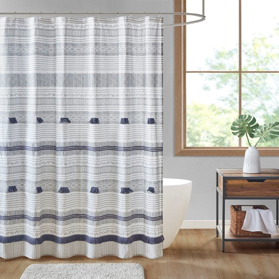 Olliix.com Shower Curtains - Cotton Stripe Printed Shower Curtain with Tassel Gray/Navy