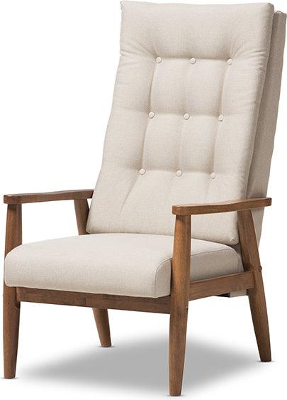 Wholesale Interiors Accent Chairs - Roxy Mid-Century Modern Brown Wood and Beige Fabric Button-Tufted High-Back Chair