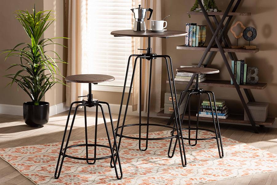 Wholesale Interiors Dining Sets - Veera Vintage Rustic Walnut Finished Wood and Black Metal 3-Piece Height Adjustable Bar Pub Set