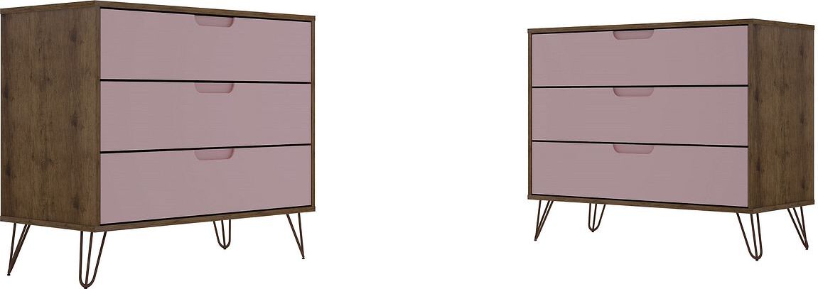 Manhattan Comfort Bedroom Sets - Rockefeller 3-Drawer Nature & Rose Pink Dresser (Set of 2)