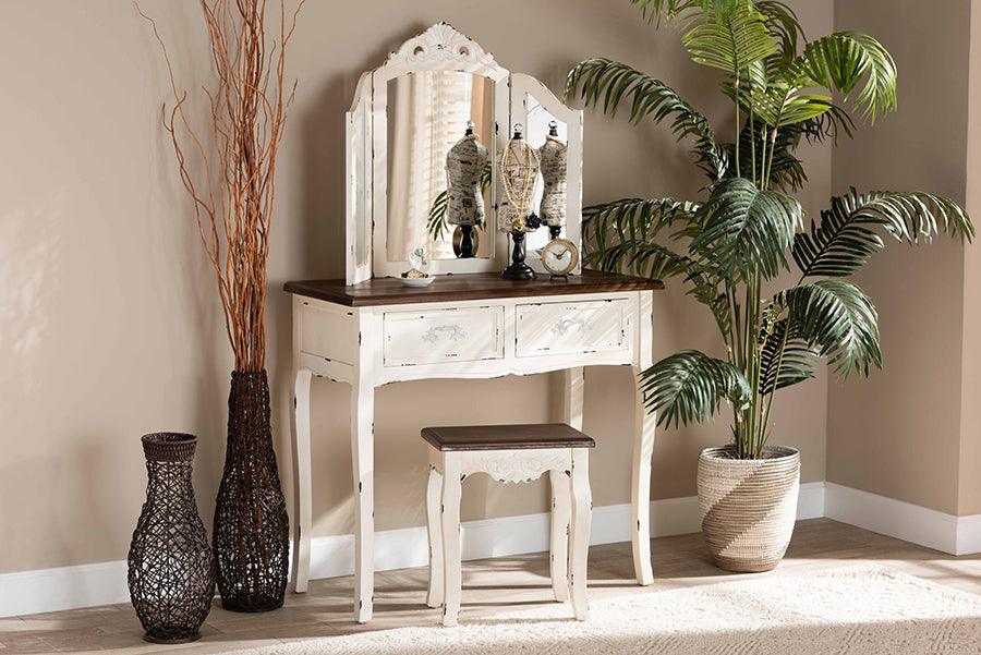 Wholesale Interiors Bedroom Vanity - Levron Two-Tone Walnut Brown and Antique White Finished Wood 2-Piece Vanity Set