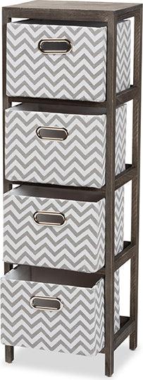 Wholesale Interiors Bedroom Organization - Jorah Modern Grey and White Fabric Greywashed Wood 4-Basket Tallboy Storage Unit