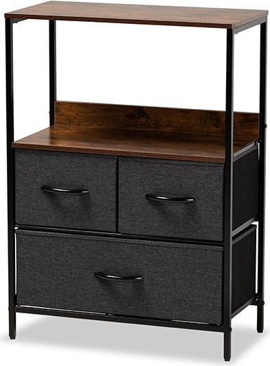Wholesale Interiors Cabinets & Wardrobes - Hakan Modern Industrial Grey Fabric and Walnut Brown Wood 3-Drawer Storage Cabinet