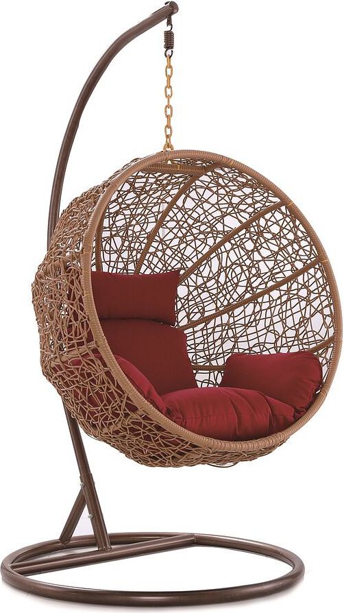 Manhattan Comfort Outdoor Chairs - Zolo Metal and Rattan Hanging Lounge Egg Patio Swing with Red Cushion