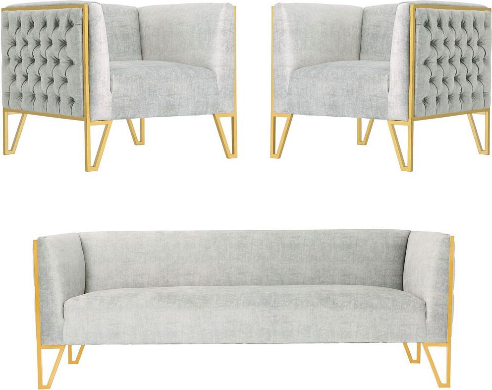 Manhattan Comfort Living Room Sets - Vector 3-Piece Grey and Gold Sofa and Armchair Set