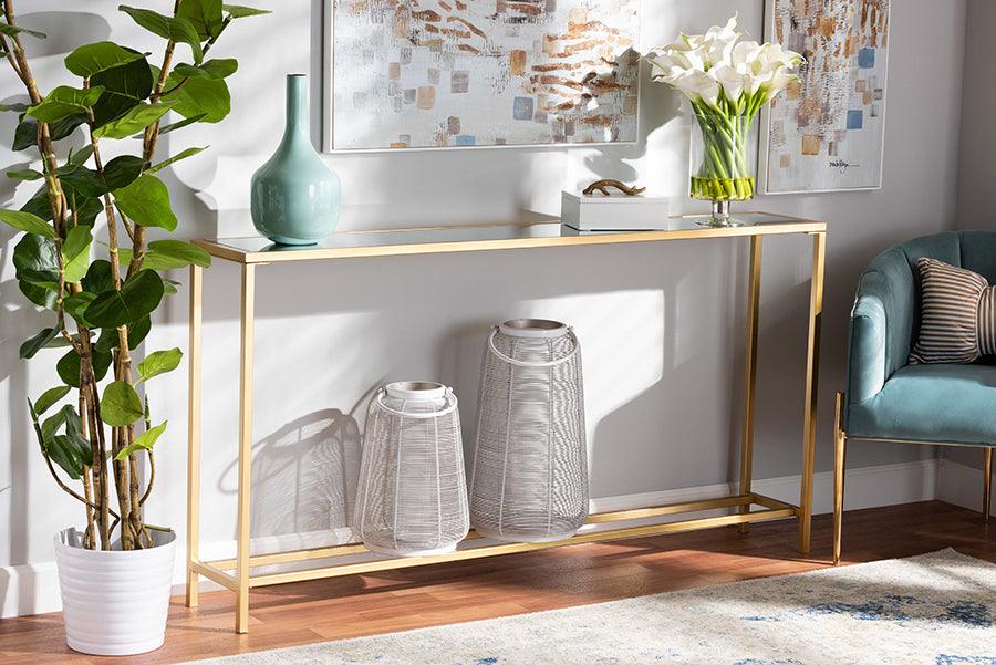 Wholesale Interiors Consoles - Alessa Glam Gold Finished Metal and Mirrored Glass Console Table