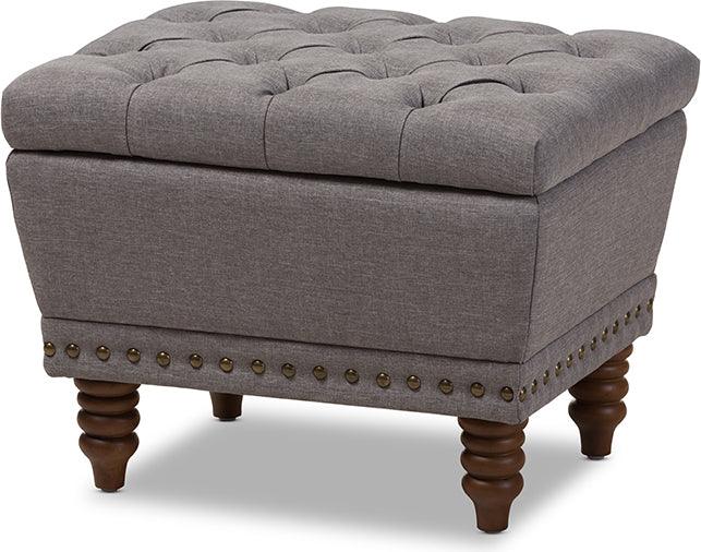 Wholesale Interiors Ottomans & Stools - Annabelle Light Grey Fabric Upholstered Walnut Wood Finished Button-Tufted Storage Ottoman