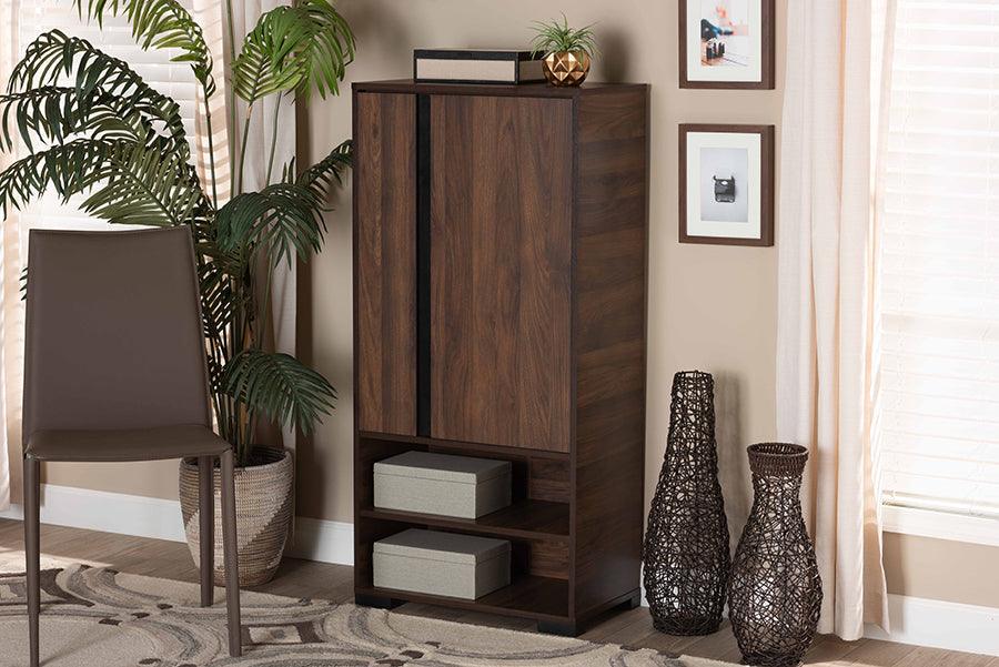 Wholesale Interiors Shoe Storage - Raina Two-Tone Walnut Brown and Black Finished Wood 2-Door Shoe Storage Cabinet