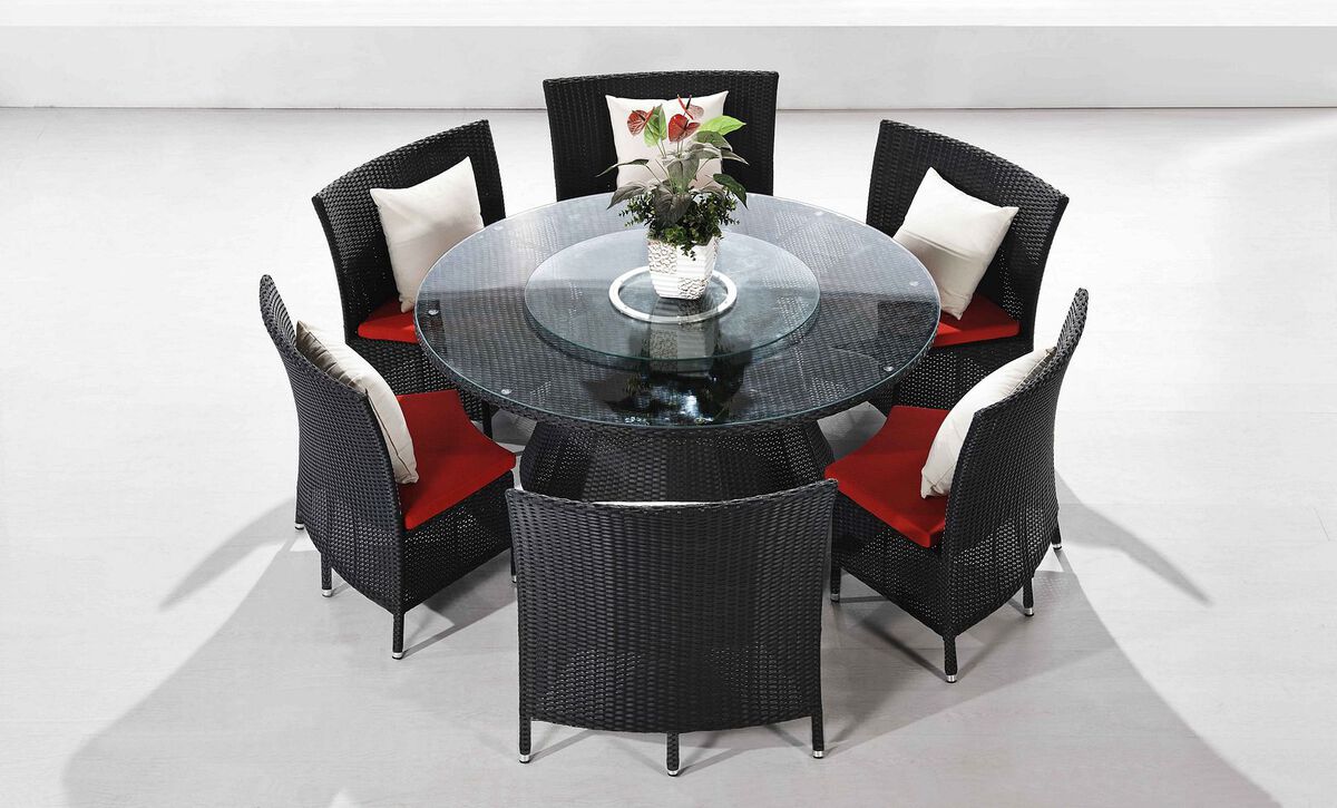 Manhattan Comfort Outdoor Dining Sets - Nightingdale Black 7-Piece Rattan Outdoor Dining Set with Red and White Cushions