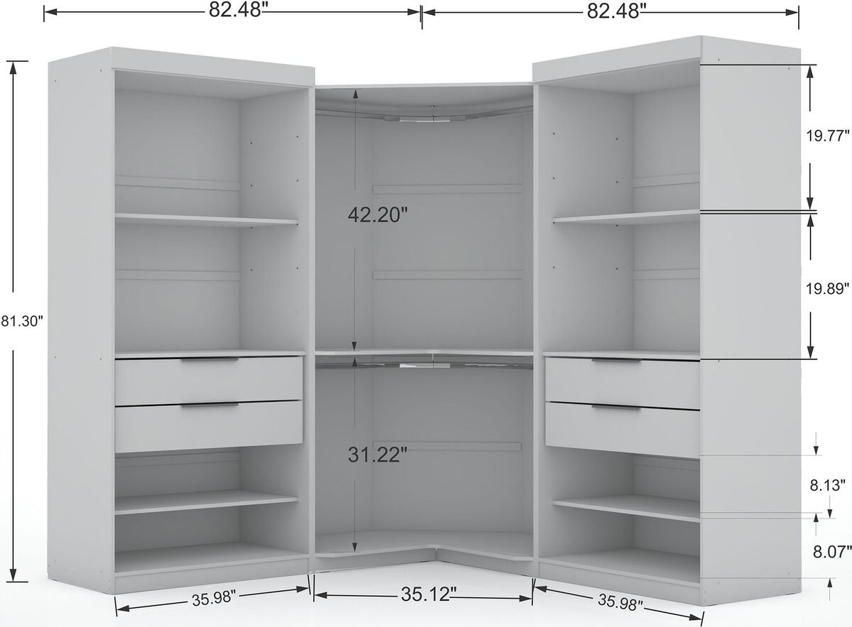 Manhattan Comfort Cabinets & Wardrobes - Mulberry 2.0 Semi Open 3 Sectional Corner Closet - Set of 3 in White