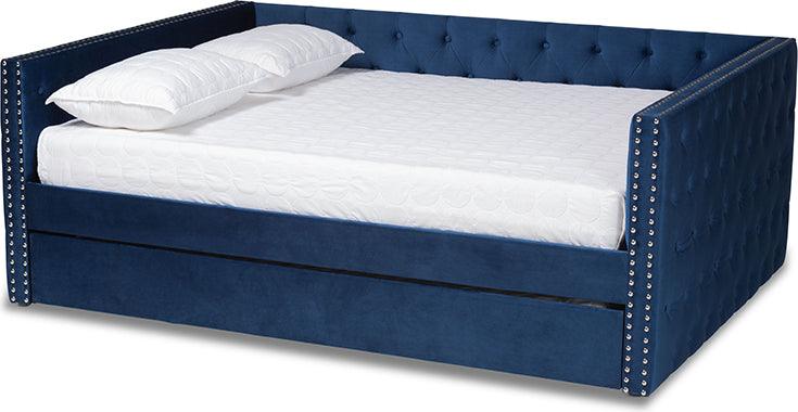 Wholesale Interiors Daybeds - Larkin Navy Blue Velvet Fabric Upholstered Full Size Daybed with Trundle