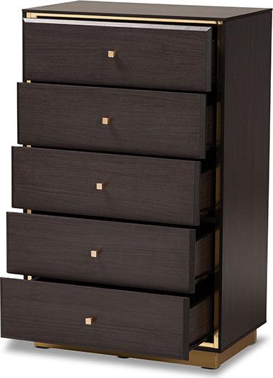 Wholesale Interiors Chest of Drawers - Cormac Mid-Century Modern Dark Brown Wood and Gold Metal 5-Drawer Storage Chest