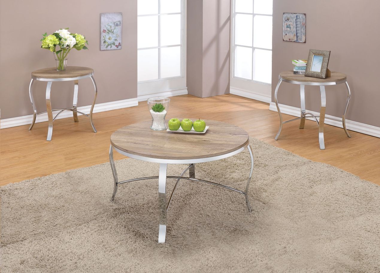 ACME Coffee Tables - ACME Malai 3Pc Pack Coffee/End Table Set, Weathered Light Oak & Chrome