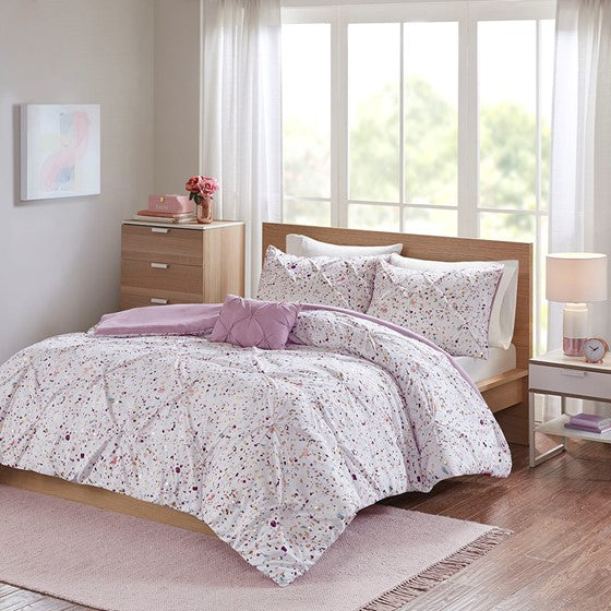 Olliix.com Duvet & Duvet Sets - Metallic Printed and Pintucked Duvet Cover Set Plum Twin XL