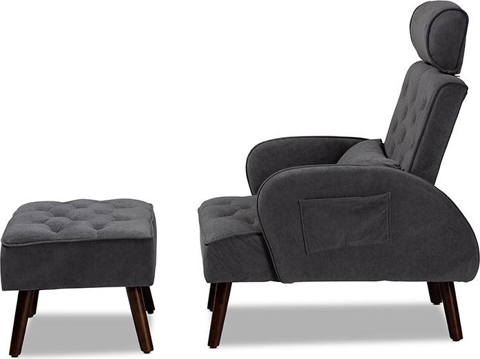 Wholesale Interiors Living Room Sets - Haldis Grey velvet and Walnut Brown Finished Wood 2-Piece Recliner Chair and Ottoman Set