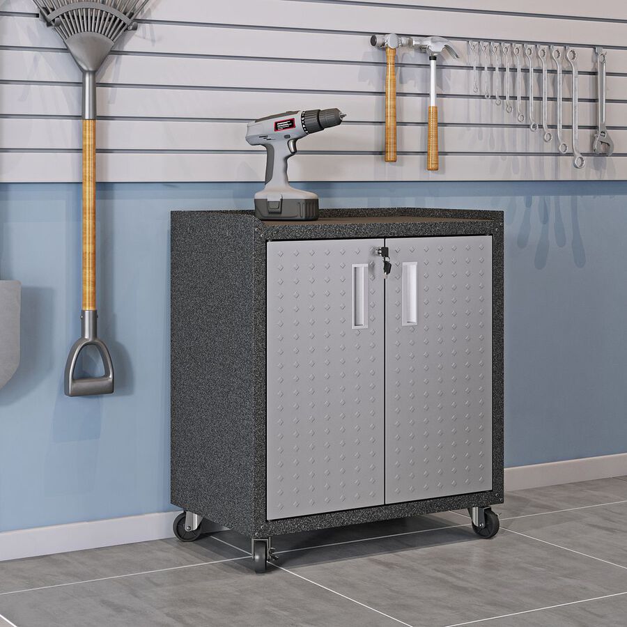 Manhattan Comfort Buffets & Cabinets - Fortress Textured Metal 31.5" Garage Mobile Cabinet with 2 Adjustable Shelves in Gray