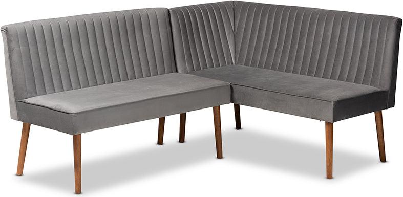 Wholesale Interiors Benches - Alvis Grey Velvet Upholstered and Walnut Brown Finished Wood 2-Piece Dining Nook Banquette Set
