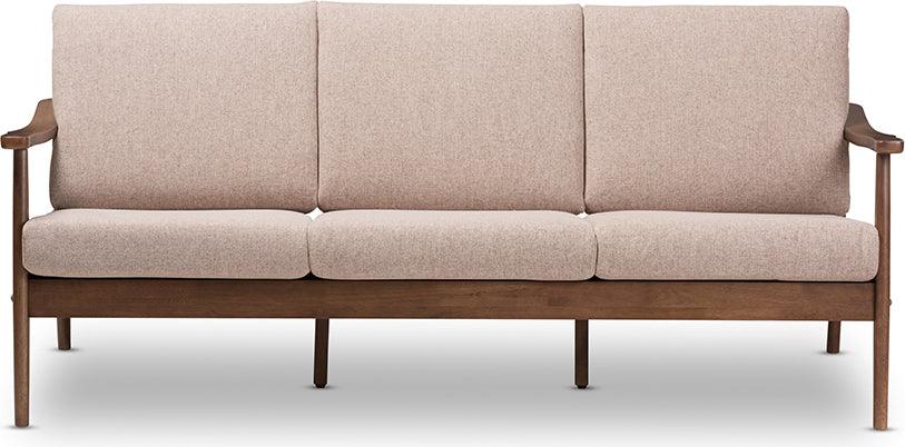 Wholesale Interiors Sofas & Couches - Venza Mid-Century Modern Walnut Wood Light Brown Fabric Upholstered 3-Seater Sofa