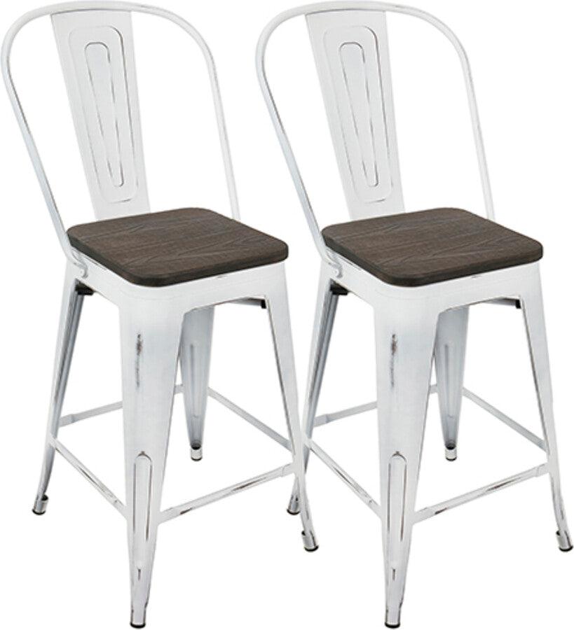 Lumisource Barstools - Oregon Industrial High Back Counter Stool in Vintage White and Espresso - Set of 2