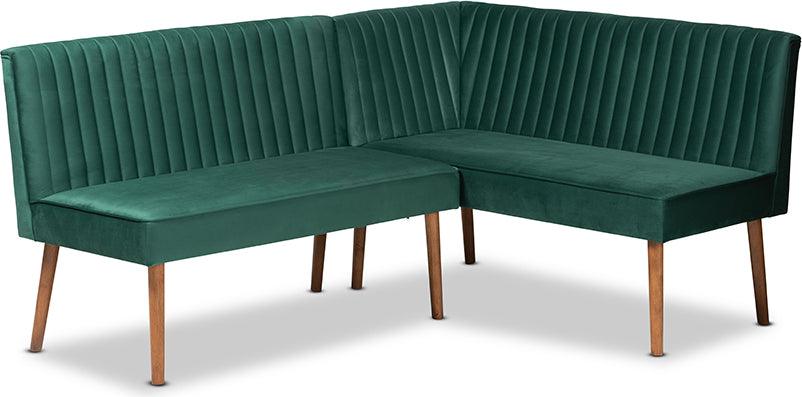Wholesale Interiors Benches - Alvis Emerald Green Velvet Upholstered and Walnut Brown Wood 2-Piece Dining Nook Banquette Set
