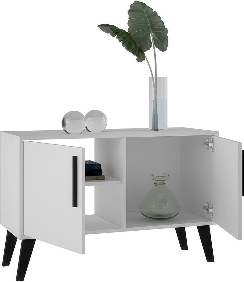 Manhattan Comfort Buffets & Sideboards - Mid-Century- Modern Amsterdam Double Side Table 2.0 with 3 Shelves in White