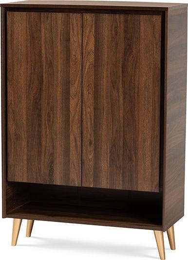 Wholesale Interiors Shoe Storage - Landen Mid-Century Modern Brown and Gold Wood 2-Door Entryway Shoe storage Cabinet