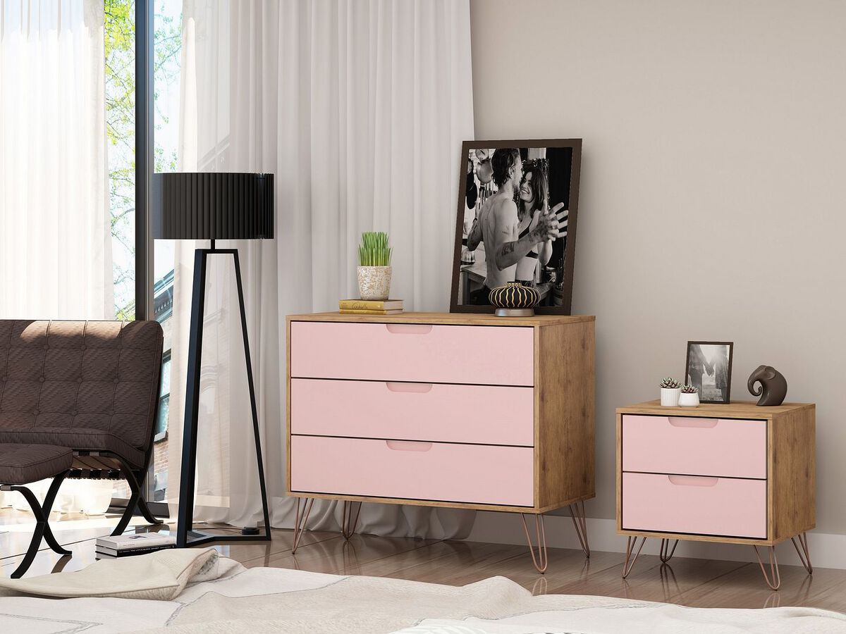 Manhattan Comfort Bedroom Sets - Rockefeller Mic Century- Modern Dresser & Nightstand with Drawers- Set of 2 in Nature & Rose Pink