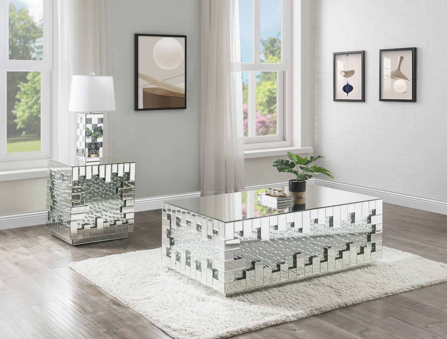ACME Side & End Tables - ACME Nysa End Table, Mirrored & Faux Crystals