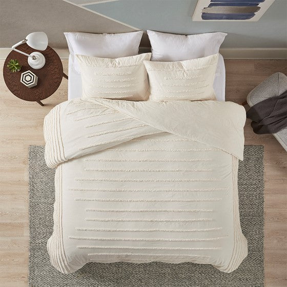Olliix.com Comforters & Blankets - 3 Piece Cotton Chenille Comforter Set Ivory Full/Queen