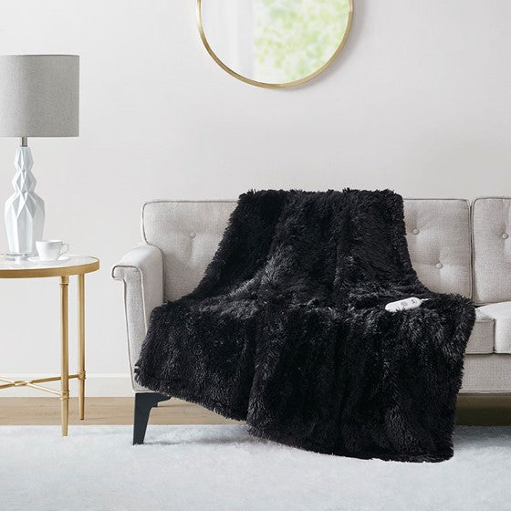 Olliix.com Heated Blankets - Shaggy Faux Fur Heated Throw Black