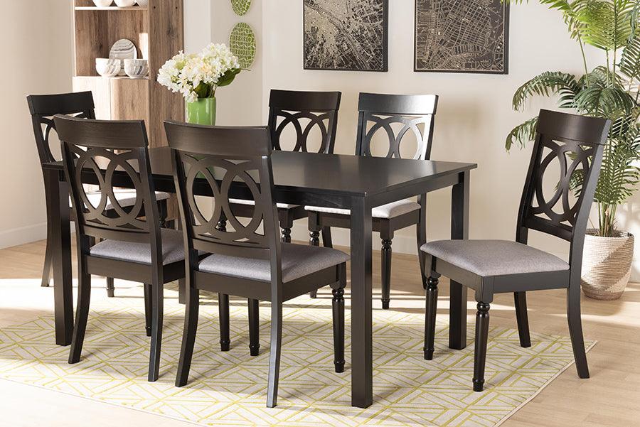 Wholesale Interiors Dining Sets - Lucie Grey Fabric Upholstered and Dark Brown Finished Wood 7-Piece Dining Set