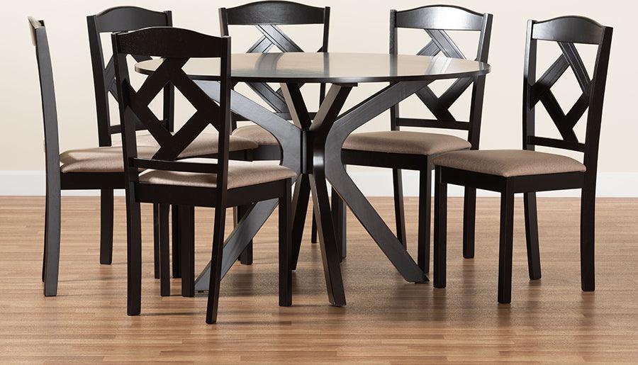 Wholesale Interiors Dining Sets - Carlin Sand Fabric Upholstered and Dark Brown Finished Wood 7-Piece Dining Set