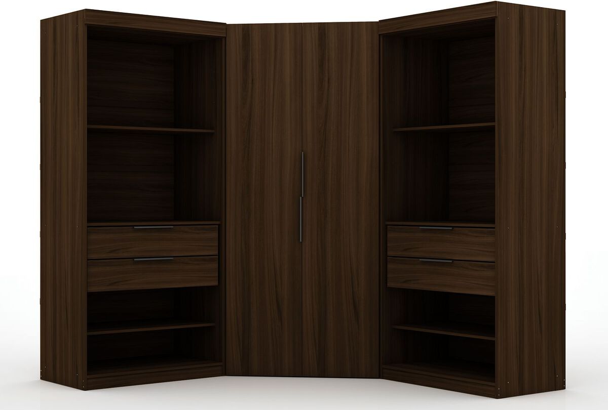 Manhattan Comfort Cabinets & Wardrobes - Mulberry 2.0 Semi Open 3 Sectional Modern Wardrobe Corner Closet with 4 Drawers - Set of 3 in Brown