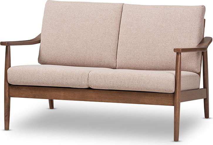 Wholesale Interiors Loveseats - Venza Mid-Century Modern Walnut Wood Light Brown Fabric Upholstered 2-Seater Loveseat