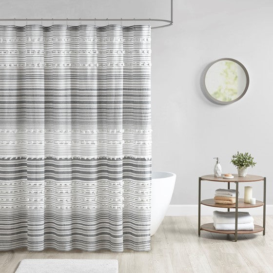 Olliix.com Shower Curtains - Cotton Yarn Dye Shower Curtain with Pom Poms Grey