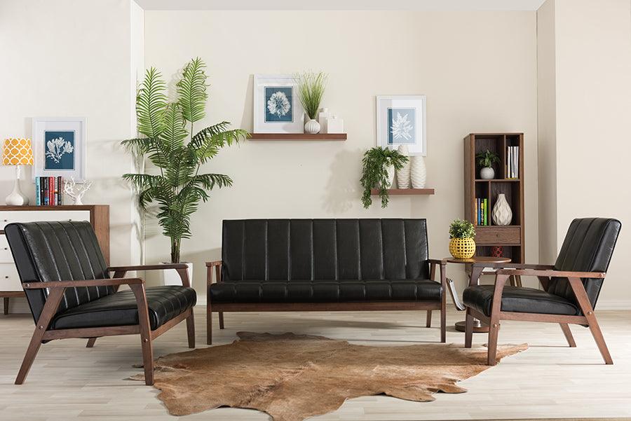 Wholesale Interiors Living Room Sets - Nikko Mid-Century Modern Scandinavian Style Black Faux Leather 3 Pieces Living Room Sets