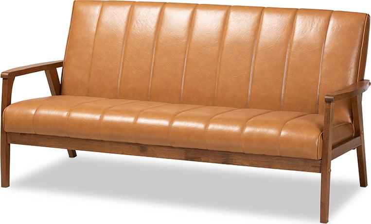 Wholesale Interiors Living Room Sets - Nikko Tan Faux Leather Upholstered and Walnut Brown finished Wood 3-Piece Living Room Set
