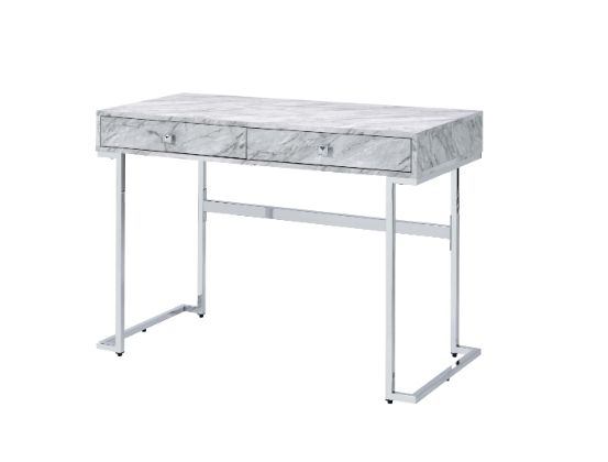 ACME Desks - ACME Tigress Writing Desk, White Printed Faux Marble & Chrome Finish