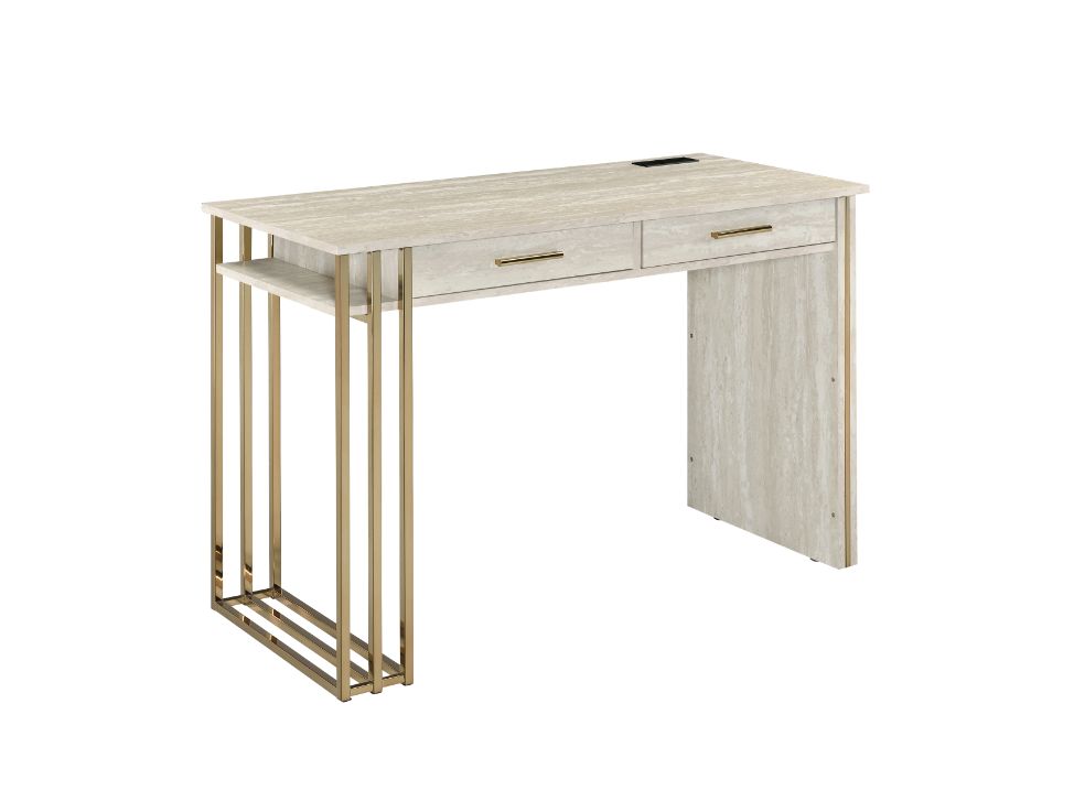 ACME Desks - ACME Tyeid Built-in USB Port Writing Desk, Antique White & Gold Finish