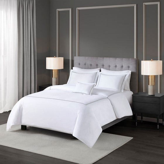 Olliix.com Comforters & Blankets - 100% Cotton Sateen Embroidered Comforter Set White/Grey Full/Queen