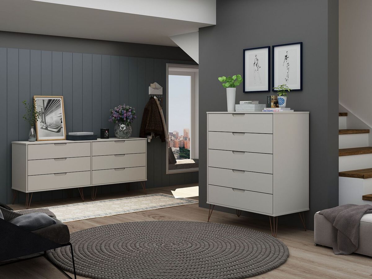 Manhattan Comfort Bedroom Sets - Rockefeller 5 Drawer Tall Dresser and 6 Drawer Wide Dresser Off White & Nature