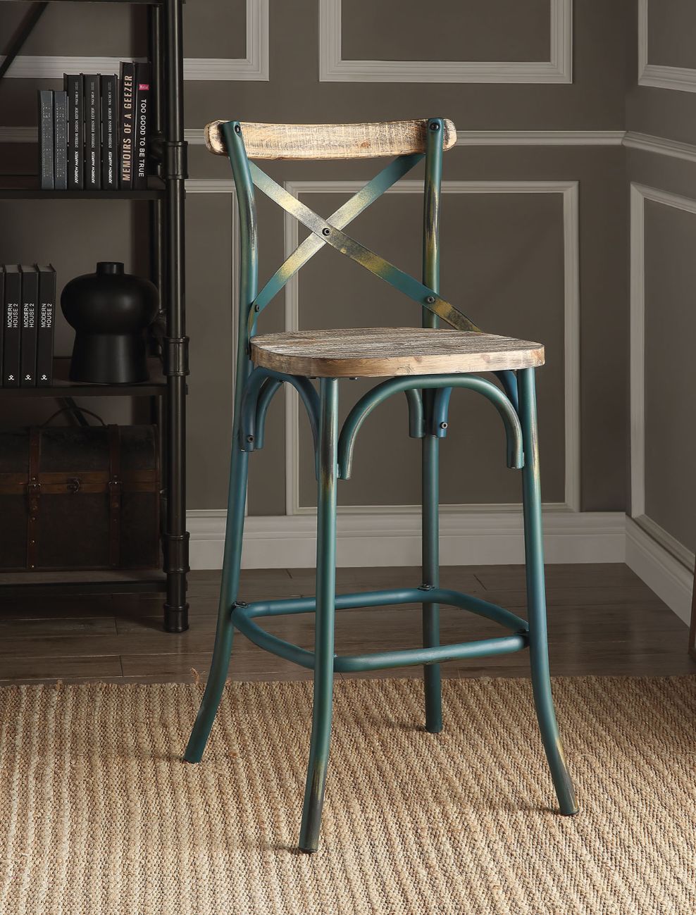ACME Barstools - ACME Zaire Bar Chair (1Pc), Antique Turquoise & Antique Oak, 29" Seat Height