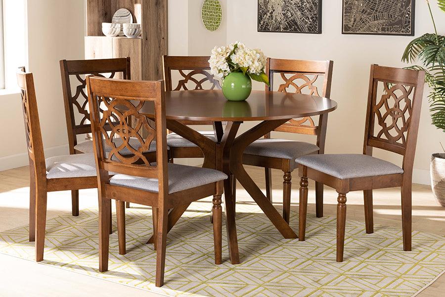 Wholesale Interiors Dining Sets - Sadie Grey Fabric Upholstered and Walnut Brown Finished Wood 7-Piece Dining Set