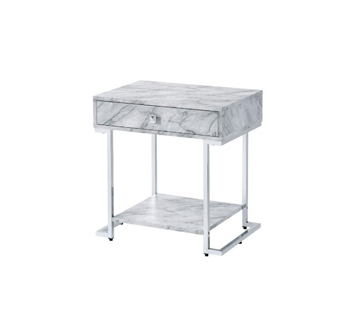 ACME Side & End Tables - ACME Wither Accent Table, White Printed Faux Marble & Chrome Finish