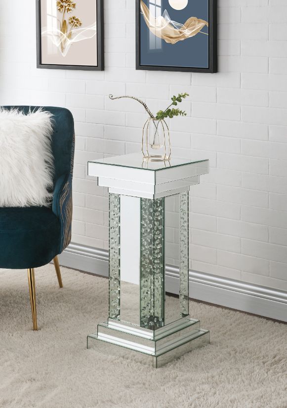 ACME Side & End Tables - ACME Nysa Pedestal, Mirrored & Faux Crystals Inlay