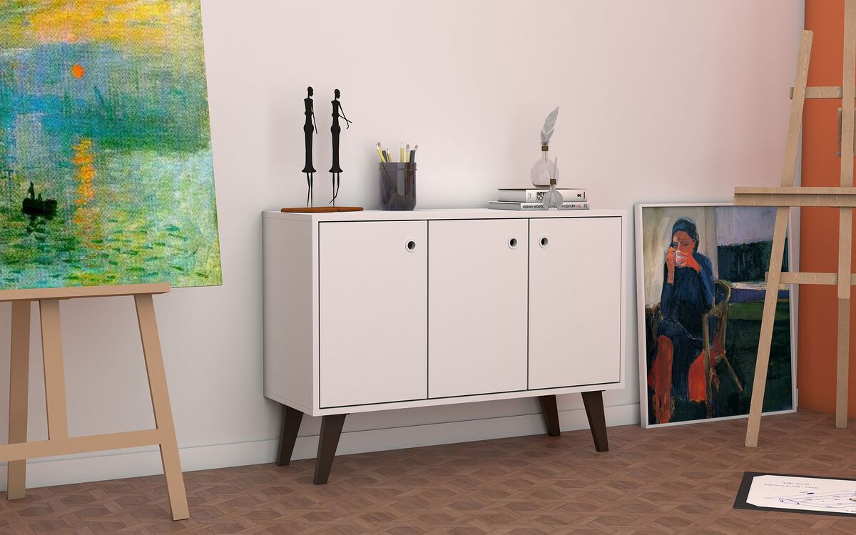 Manhattan Comfort Buffets & Sideboards - Mid-Century- Modern Bromma 35.43" Sideboard 2.0 with 3 Shelves in White