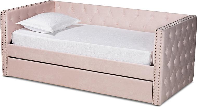 Wholesale Interiors Daybeds - Larkin Pink Velvet Fabric Upholstered Twin Size Daybed with Trundle