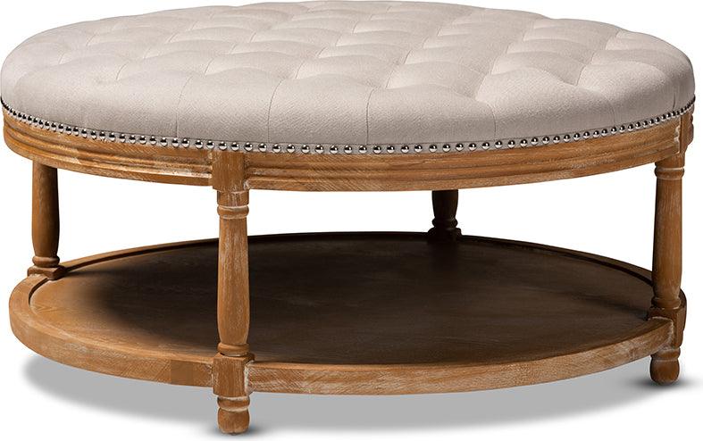 Wholesale Interiors Ottomans & Stools - Ambroise French Provincial Beige Linen Fabric Upholstered and White-Washed Oak Wood