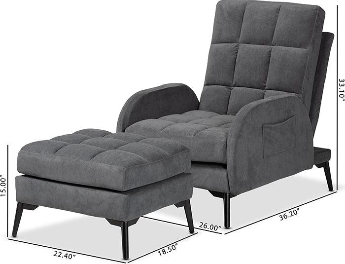 Wholesale Interiors Living Room Sets - Belden Grey Velvet Fabric Upholstered and Black Metal 2-Piece Recliner Chair and Ottoman Set