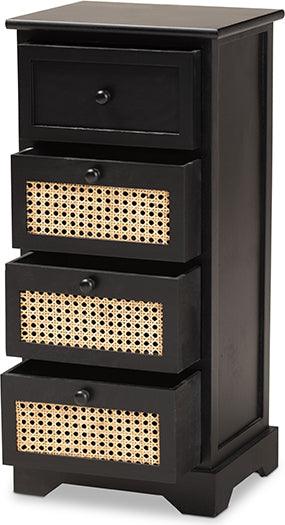 Wholesale Interiors Cabinets & Wardrobes - Dacey Mid-Century Modern Espresso Brown Wood and Rattan 4-Drawer Storage Cabinet